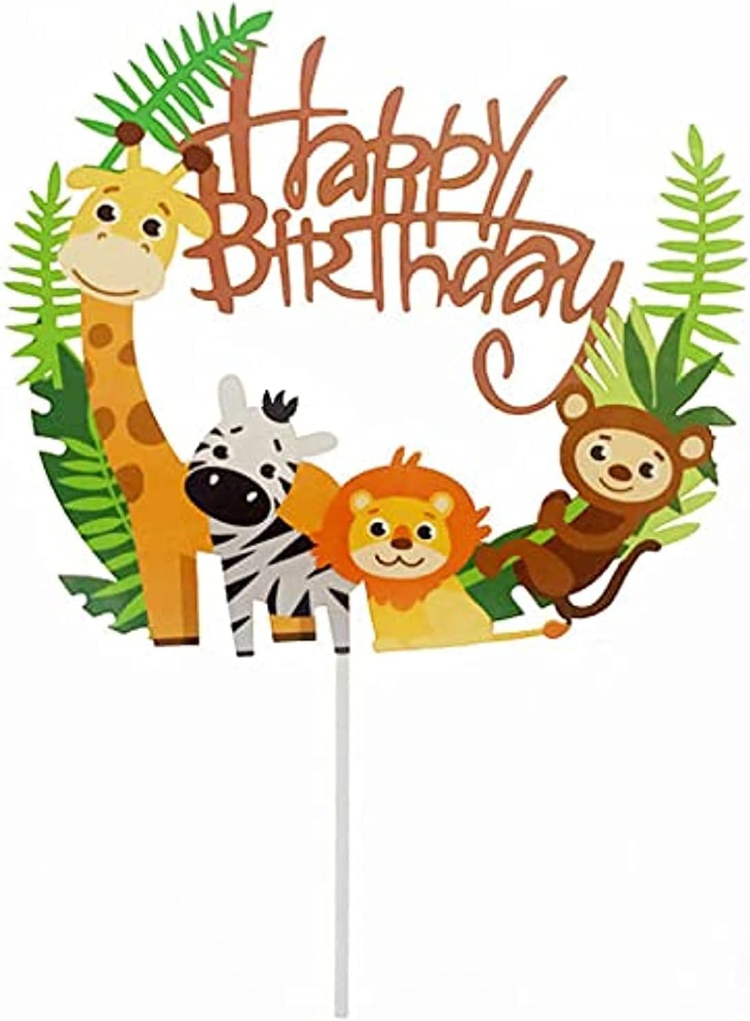 Jungle Safari Happy Birthday Cake Topper โ Animal Theme Cake Decoration with Giraffe, Lion, Zebra & Monkey โ Jungle Theme Birthday Decorations for Kids, Boys & Girls