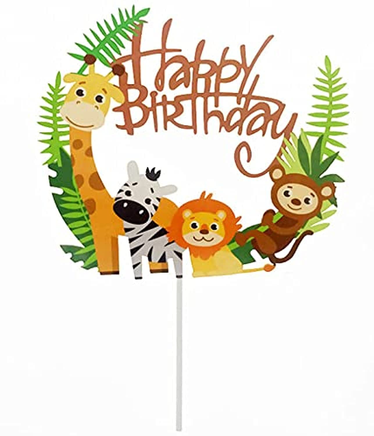 Jungle Safari Happy Birthday Cake Topper – Animal Theme Cake Decoration with Giraffe, Lion, Zebra & Monkey – Jungle Theme Birthday Decorations for Kids, Boys & Girls