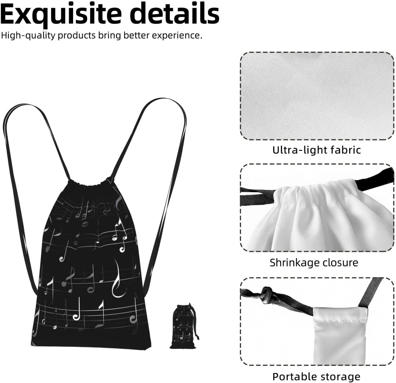 Black Music Notes Print Foldable Drawstring Backpack Lightweight Gym Bag Travel Backpack Cinch Sack For Beach Hiking image 3