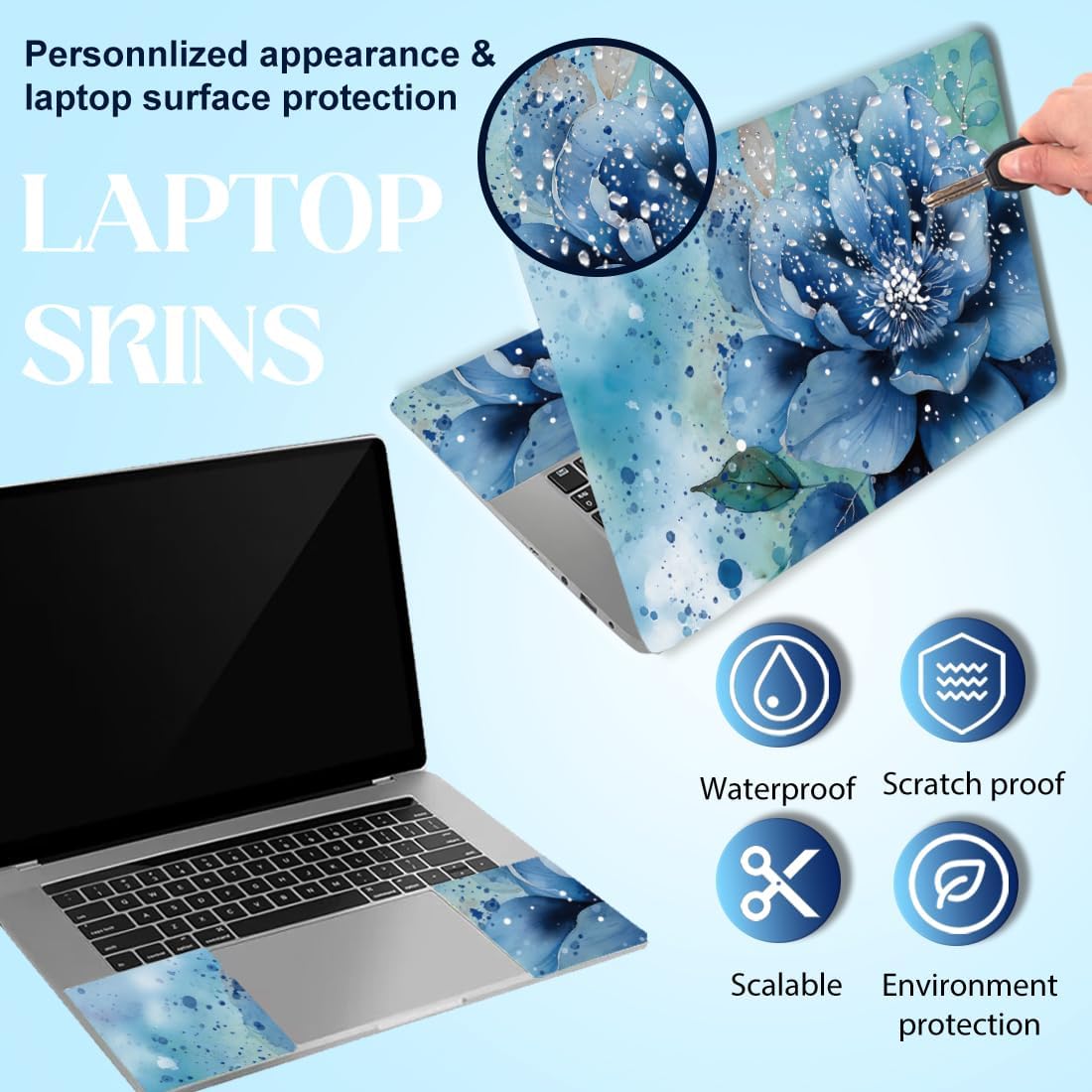 SUPERDANT Laptop Skin Sticker Watercolor Blue Flower Laptop Decals Personalized Universal Notebook Computer Wrap Vinyl Skin Stickers Cover Art Decal Removable 12-15.6 Inch Scratch-Resistant Gifts image 3