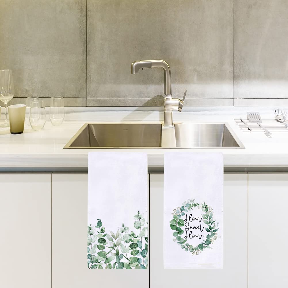 Juego de 2 paños de cocina de acuarela con hojas de eucalipto Home Sweet Home de 18 x 28 pulgadas, paños de cocina de verano para cocinar y hornear
