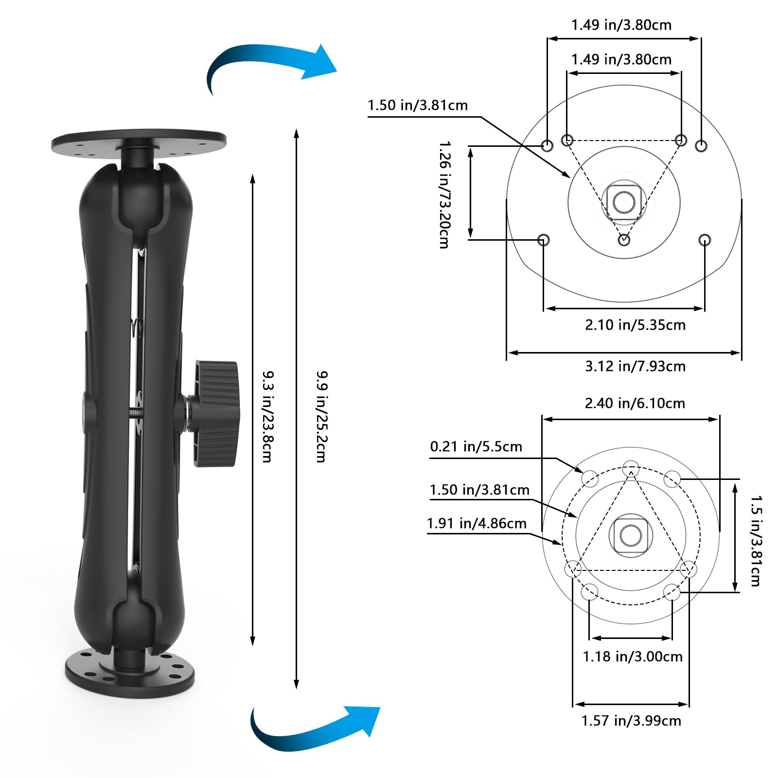 Support de détecteur de poissons compatible avec Garmin Striker 4, Striker Plus 4, Striker Vivid 4cv, bras long de 23,6 cm, rotation à 360 degrés, aluminium de qualité marine