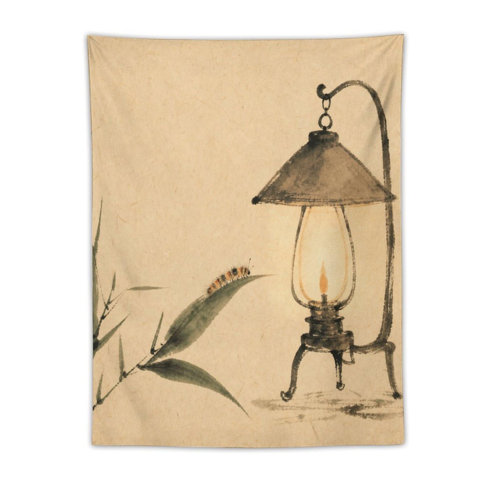 Hanging Lantern with Bamboo Wall Tapestry, Asian Ink, Asian Minimal