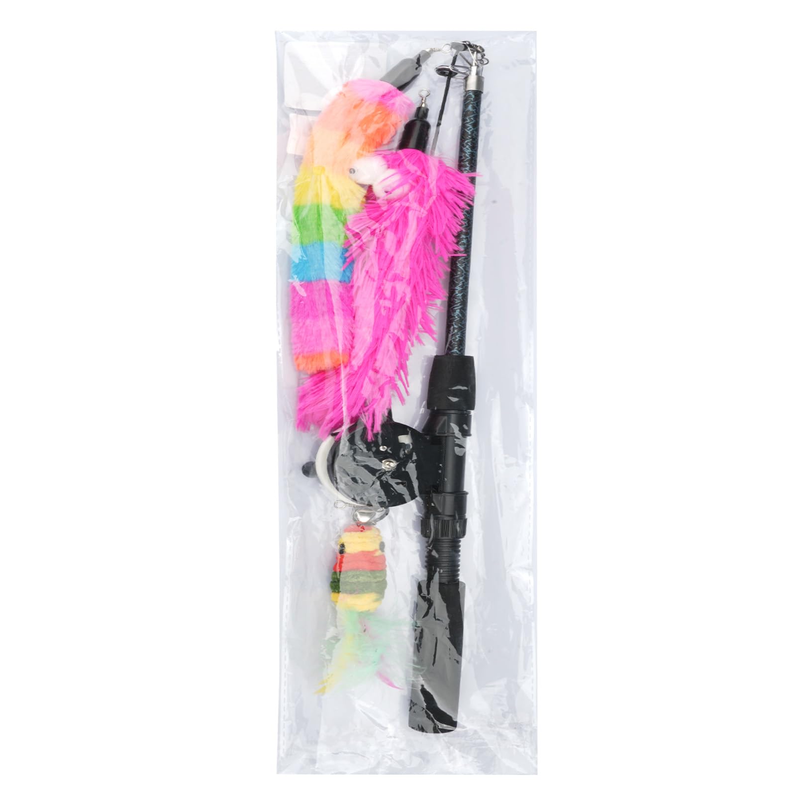 Pawaboo Bacchetta Teaser per Gatti, Canna da Pesca per Gatti con Confezione da 3 Ricariche con Piume, Giocattolo con Piume Retrattile a 3 Sezioni con Carrucola e Campanellino, Arcobaleno + Rosa Rossa