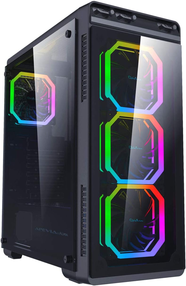 Hottest Sale Apevia Aura-F-BK Mid Tower Gaming Case with 2 x Full-Size Tempered Glass Panel, Top USB3.0/USB2.0/Audio Ports, 4 x RGB Fans, Black Frame 🔥 Crazy Deals Apevia Aura-F-BK Mid Tower Gaming Case with 2 x Full-Size Tempered Glass Panel, Top USB3.0/USB2.0/Audio Ports, 4 x RGB Fans, Black Frame