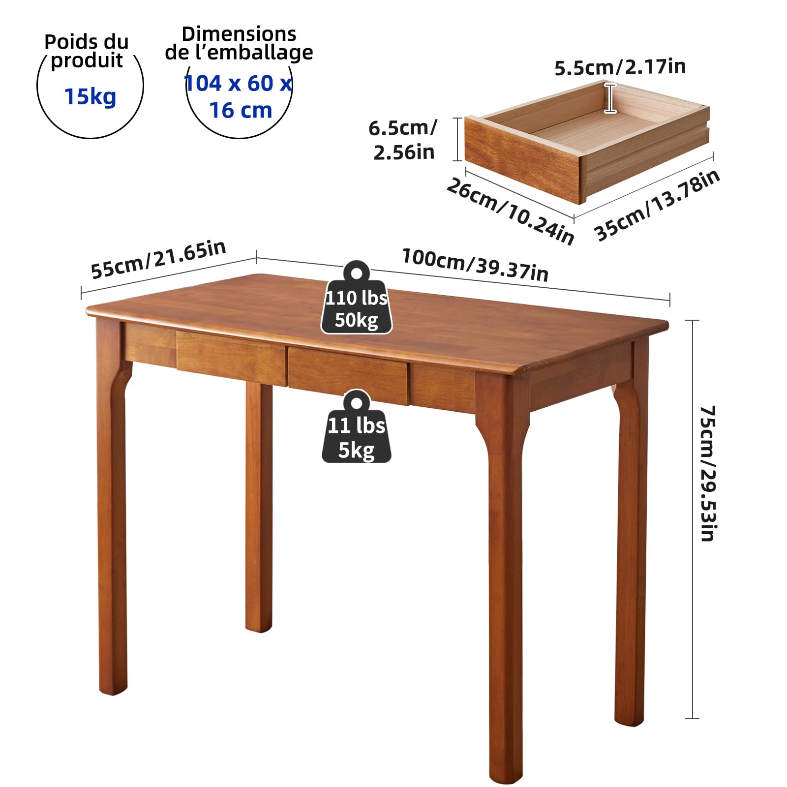 Aibiju Bureau en Bois Massif avec 2 Tiroirs idéal pour Le Travail, Les études, Bureau d'ordinateur pour étudiant ou Chambre, Petite Table pour Petits Espaces, Brun foncé YD-WD04H