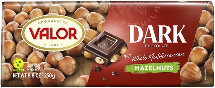 Dark Chocolate with whole Mediterranean Hazelnuts. 250g (8.75oz).