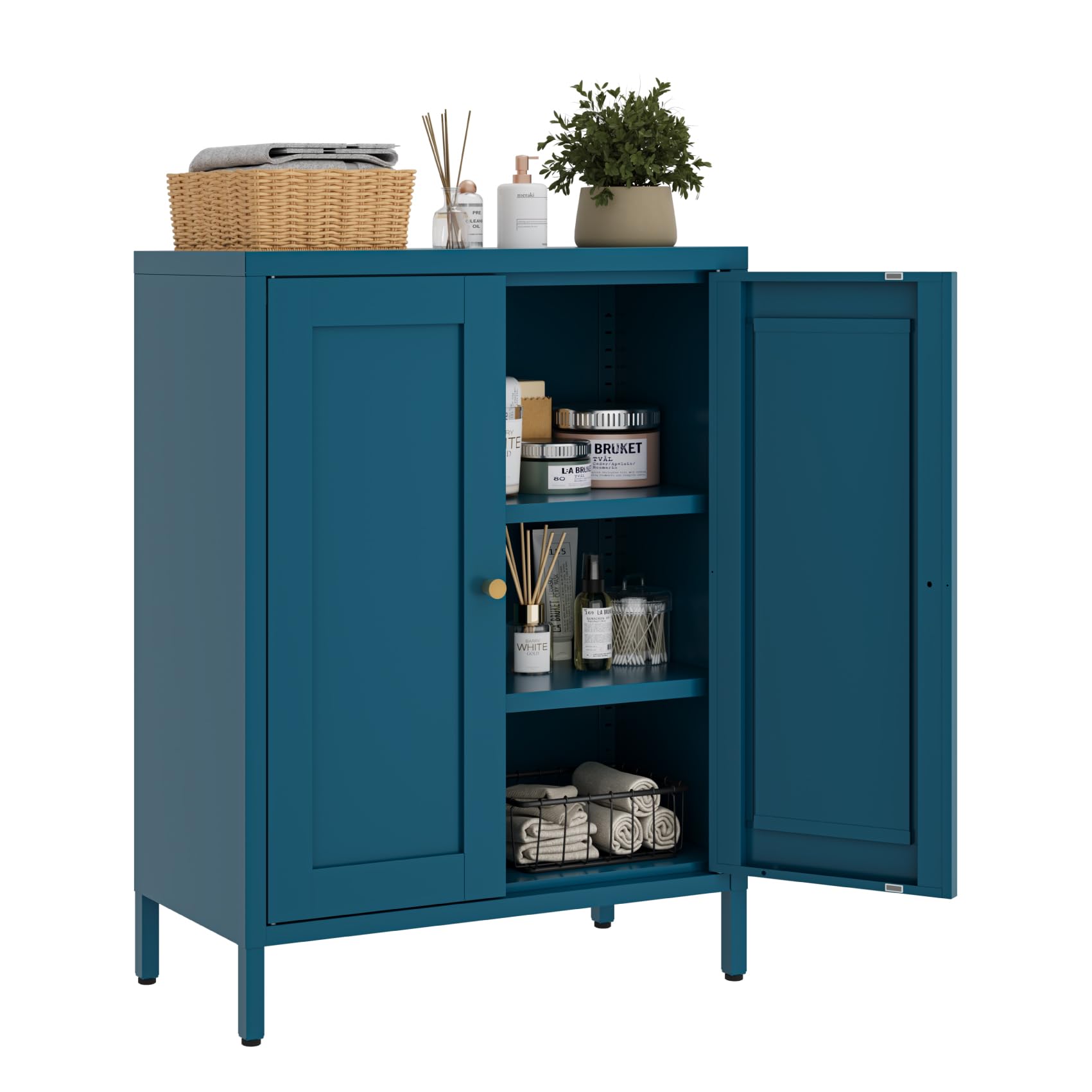 Metal Floor Storage Cabinet, Small Freestanding Sideboard Storage with 2 Adjustable Shelves for Bathroom Entryway Living Room Dining Room Coffee bar Kitchen,11.8"D x 23.6"W x 31.5"H,3-Tier,Teal Blue