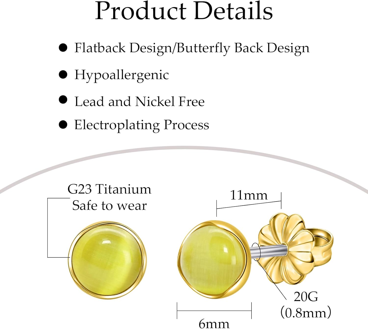 Limerencia Titanium Earrings, 20G 6mm Hypoallergenic Cat's Eye Butterfly Back Earrings for Sensitive Ears, Implant Grade Pure G23 Titanium Studs, Jelly Gold Tone, Minimalist Stud Earrings for Women - Image 2
