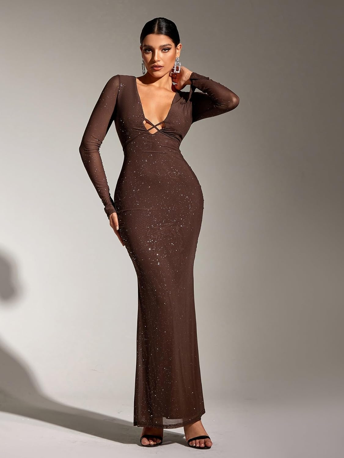 KUTUMAI Women Sexy V Neck Sequin Long Sleeve Bodycon Maxi Dress Sparkly Ruched Gown Evening Formal Dresses - Image 4