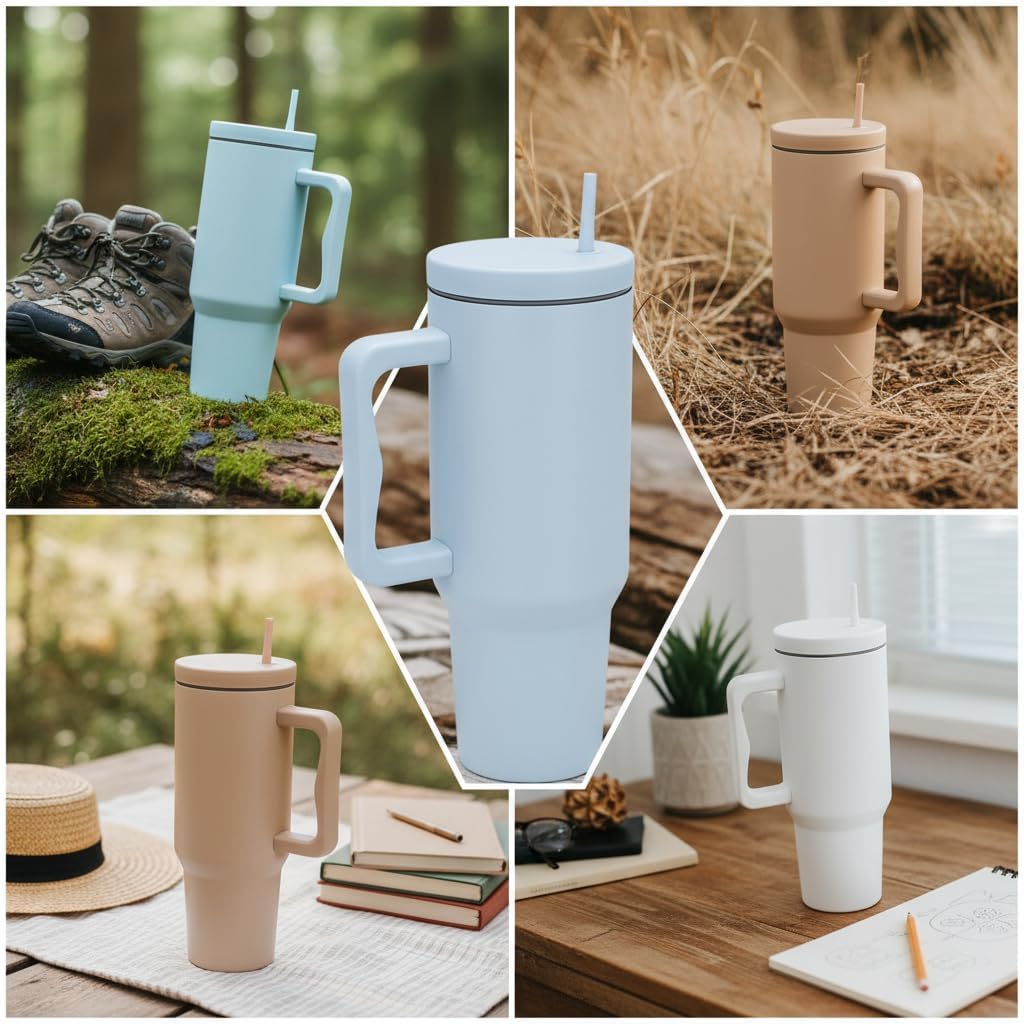 40oz Stainless Steel Tumbler - Food-Grade BPA-Free Car Cup Holder Friendly, Travel Mug Fishing Camping Car-trip Double-Wall Vacuum Insulated with Easy-Grip Handle & Straw（Khaki）