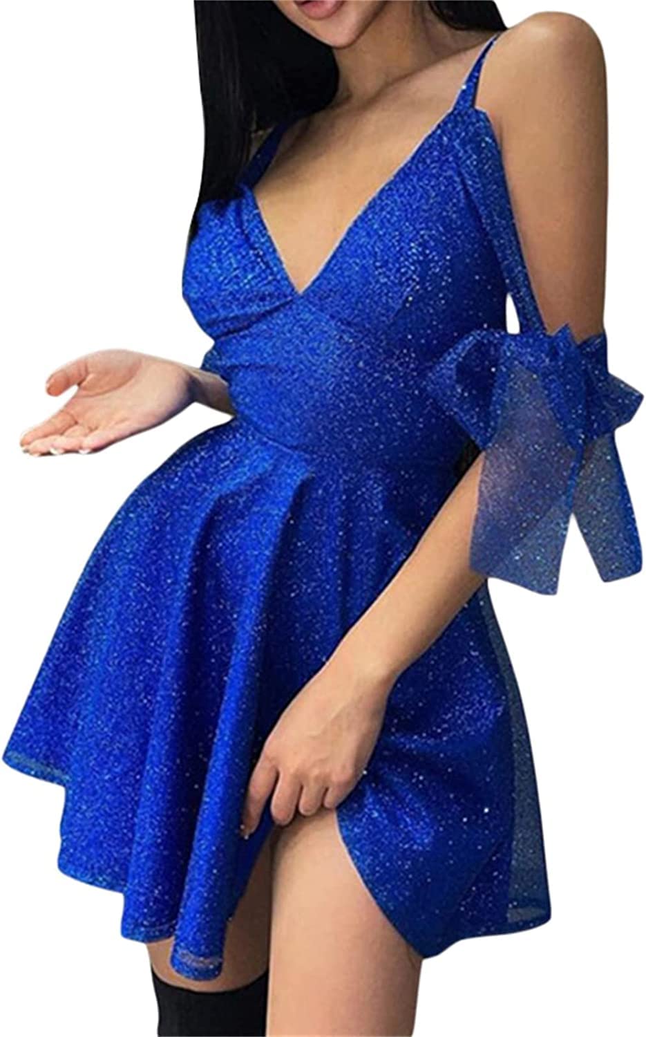 Robe de soirée bleu dos nu à paillettes col V profond