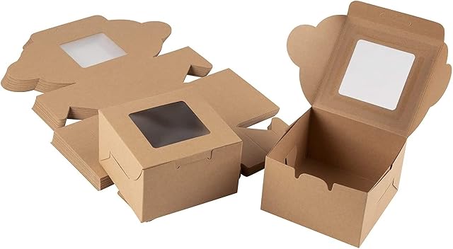 Kraft Paper Bakery Boxes (25-Pack) - Pastry Holder with Clear Display Window, Holds 1, Brown, 4 x 2.3 x 4 Inches