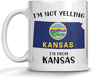 Funny Kansas Pride Coffee Mugs, I'm Not Yelling I'm From Kansas Mug, Gift Idea for Kansas Men and Women Featuring the State Map and Flag, Proud Patriot Souvenirs and Gifts