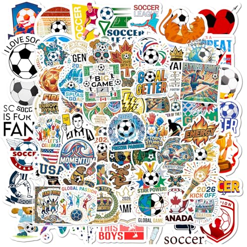 100 Pcs World Cup Football Soccer Stickers Soccer Sports Sticker Set for Adults World Cup Soccer Vinyl Waterproof Stickers for Water Bottles Laptops Bike Car Motorcycle Skateboard