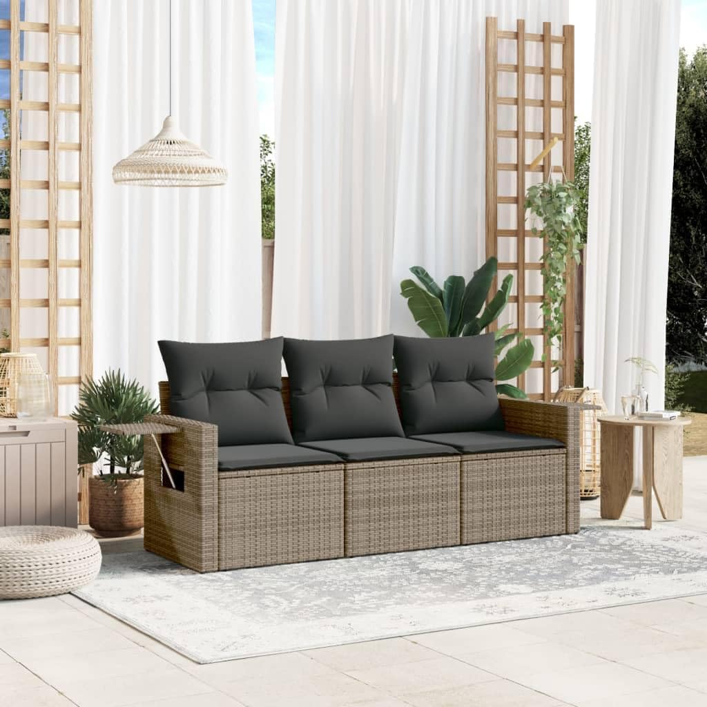 3-Piece Modular Garden Sofa Set with Grey UV-Resistant Poly Rattan and Plush Cushions, Foldable Side Tables for Outdoor Patio Terrace Seating Arrangement