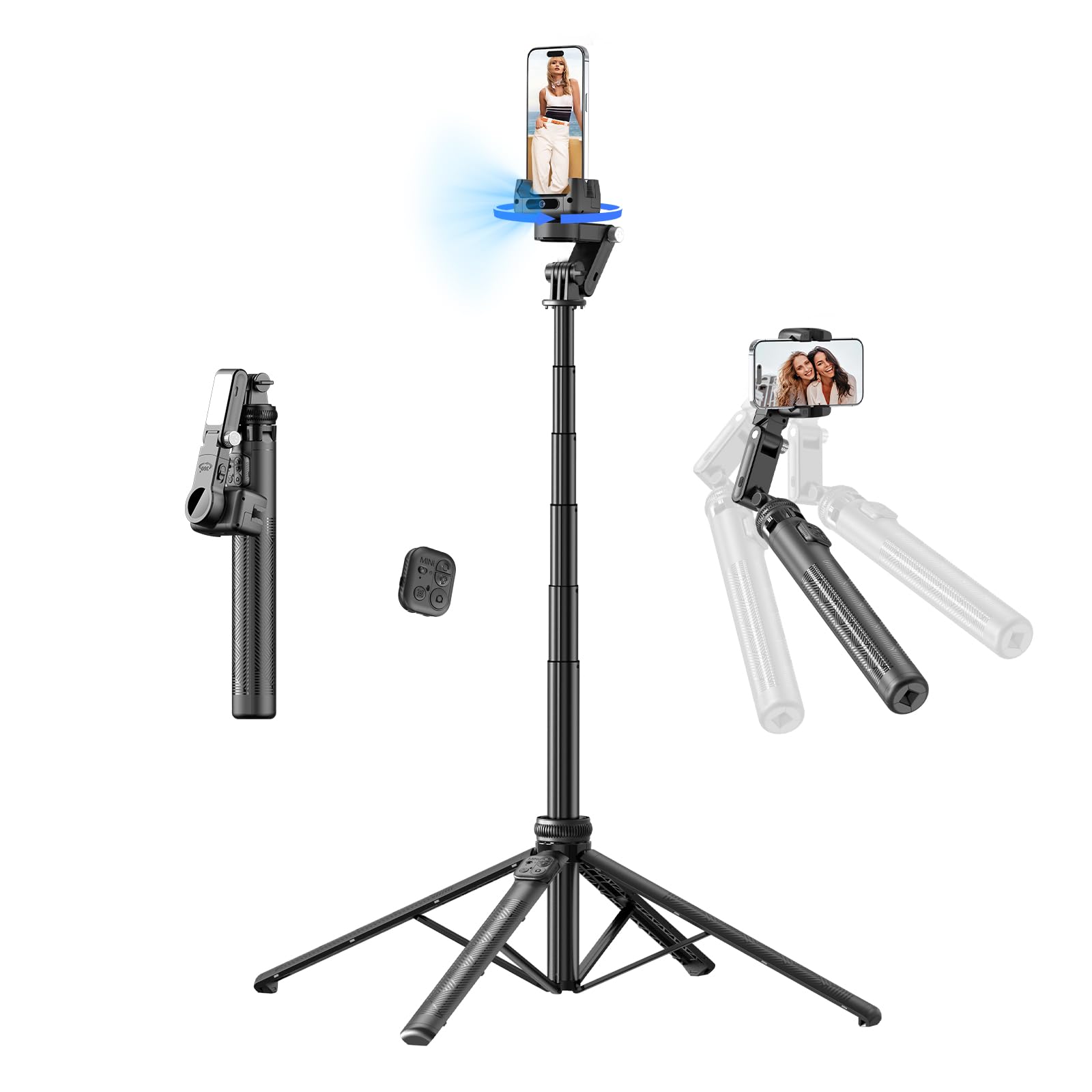 Treppiede per selfie, con luce di riempimento e telecomando, per iPhone, rotazione a 360°, supporto per fotocamera, per vlogging, streaming live su YouTube, registrazione video (160 cm)