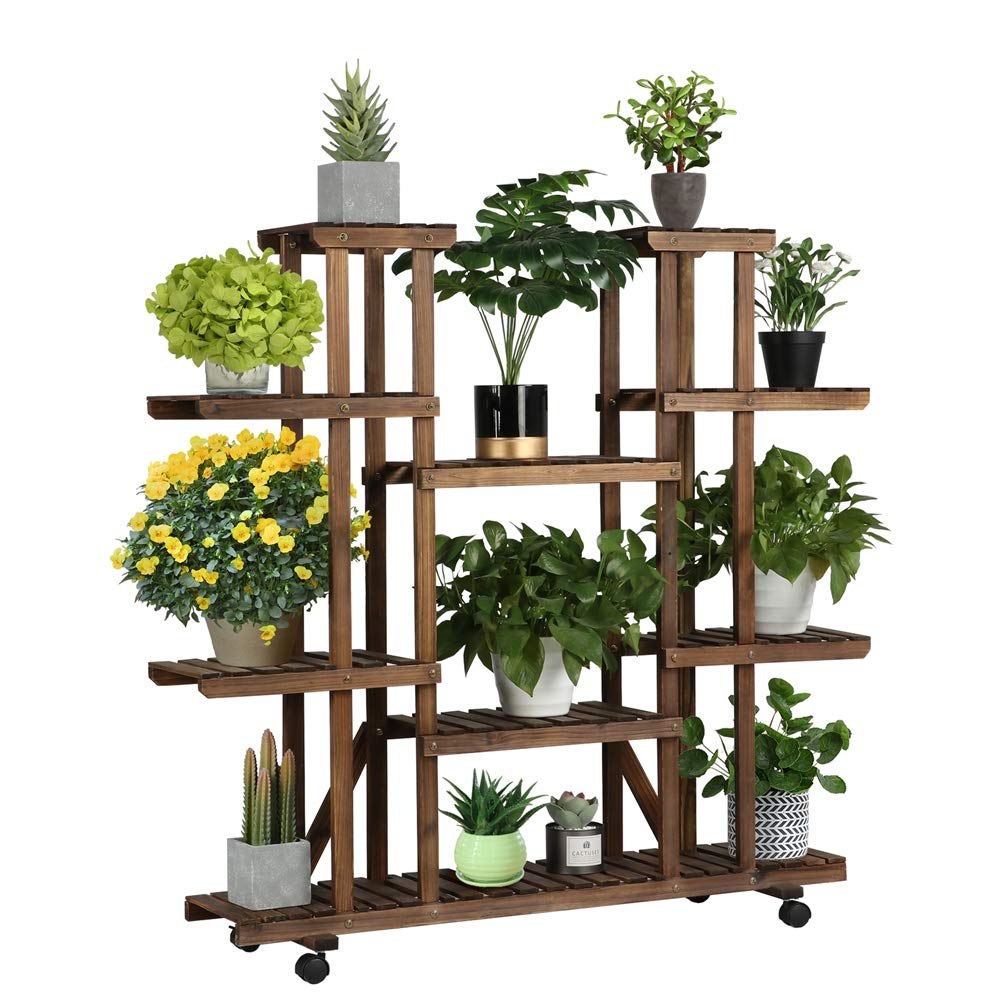 Yaheetech Soporte para Plantas Interior Estanteria Madera para Plantas con Ruedas Desmontable Estante Decorativa de Macetas 124x33x120cm