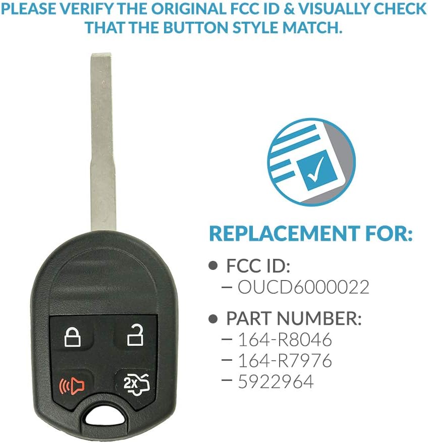 Keyless2Go Replacement for New Uncut Keyless Remote Head Key Fob Ford Fiesta That Use OUC6000022 (2 Pack)