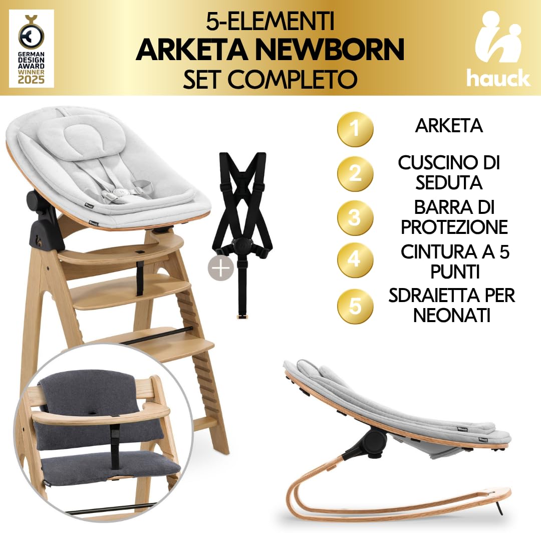 hauck Seggiolone Pappa Arketa Newborn Set Eco Bouncer – Seggiolone Evolutivo Legno Regolabile per Crescere insieme fin dalla Nascita, incluso Sdraietta Neonati e Cuscino (Quercia)