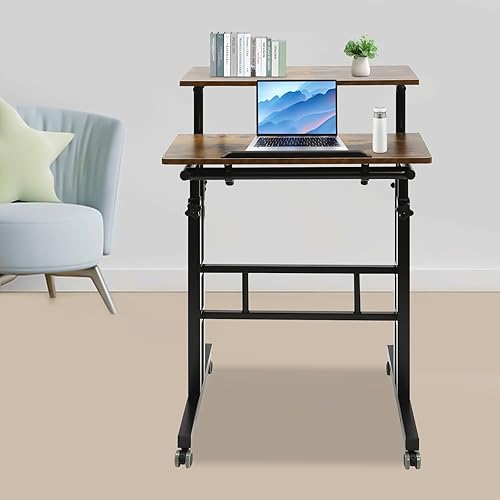 Miniatura 9 de Escritorio móvil de pie para computadora, estación de trabajo con ruedas universales, altura ajustable, doble panel inclinable, carrito de