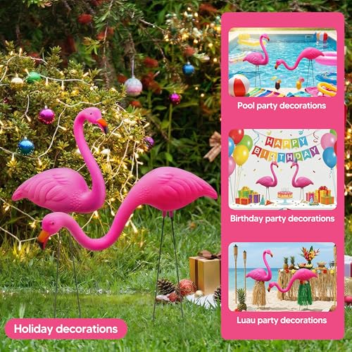 Image of JOYIN Set of 6 Small Pink Flamingo Yard Ornament Stakes, 17 inch Plastic Flamingo Lawn Statues with Metal Legs for Sidewalks, Outdoor Garden Decor, Luau & Pool Party Decorations, 2 Styles