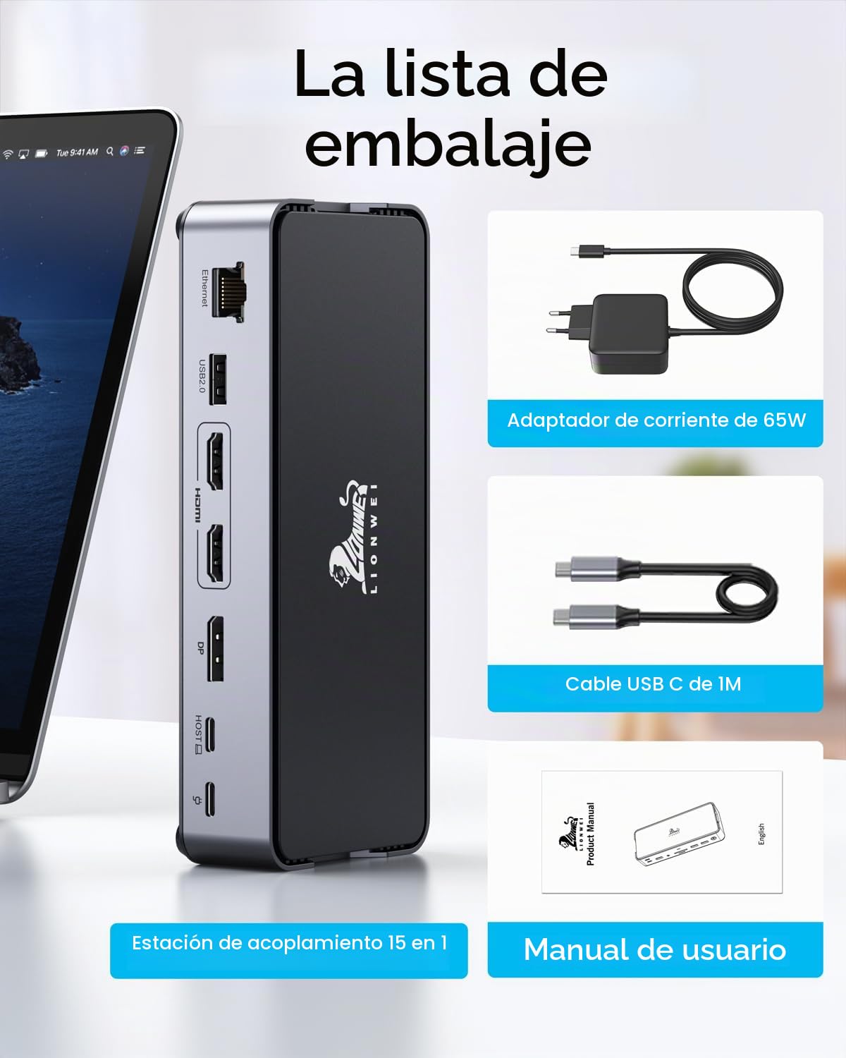 Estación de carga USB C con fuente de alimentación, 65 W, 1 m, 2 HDMI DP 8 K, pantalla 15 en 1, doble monitor, estación de acoplamiento triple, estación de acoplamiento 4K, DisplayPort 10 Gbps, USB