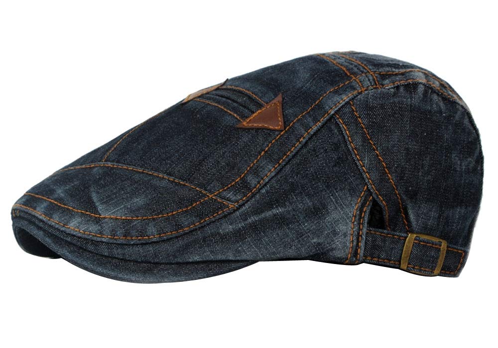 Kangqifen Mens Womens Distressed Flat Cap Washed Denim Newsboy Cap (Black)