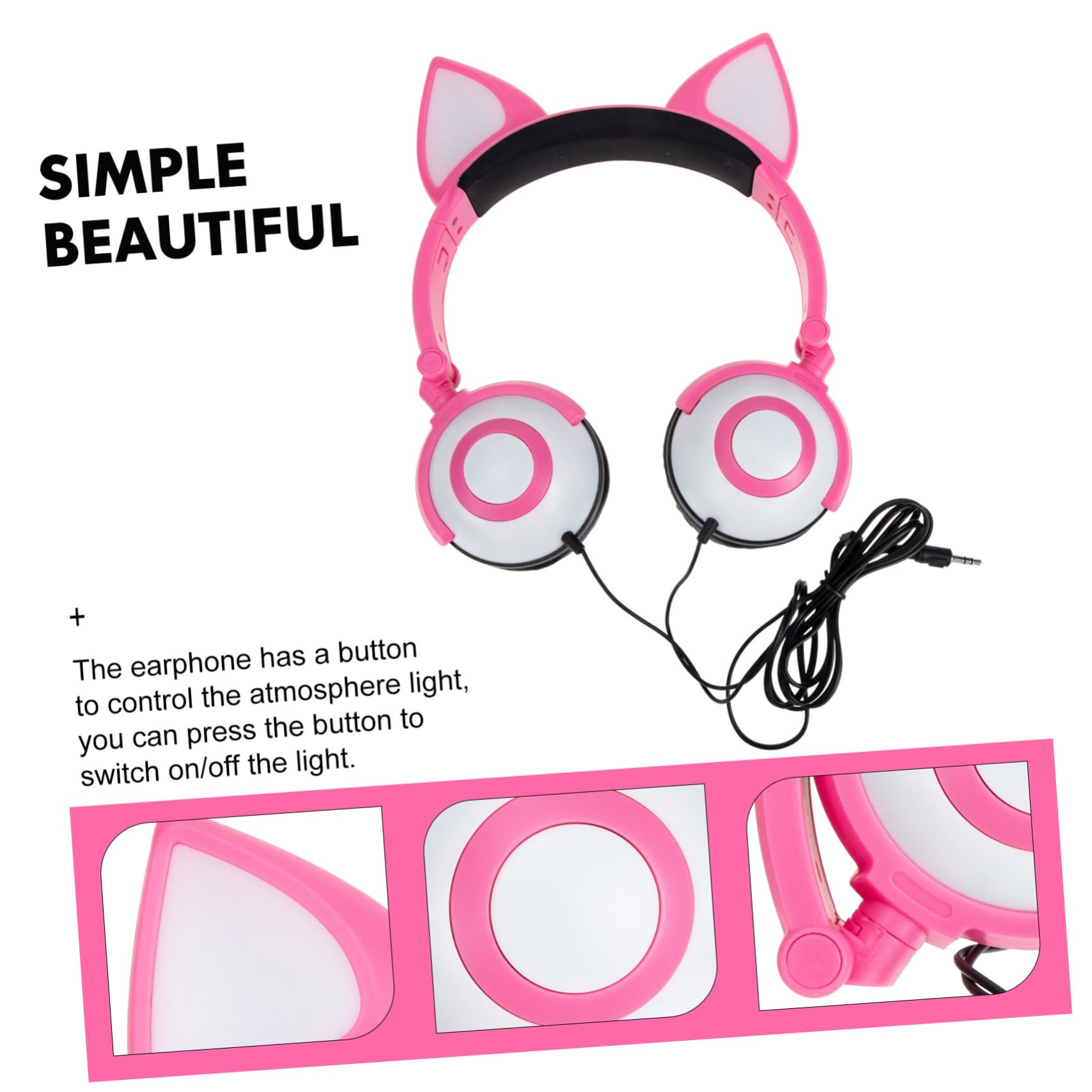 BESTonZON Cuffie Bambini Orecchie Gatto Rosa Pvc Jack 3, 5mm 40 Mm | 180 Mah, Archetto Regolabile, Controllo Luce a Pulsante, Design Adorabile per Ragazzi e Ragazze