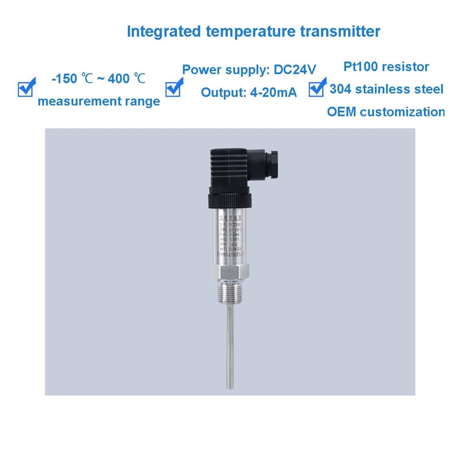 Czujnik temperatury, Nadajnik temperatury Pt100, wyjście 4-20 mA, zakres od -150 do 400°C, zasilanie DC 24 V, gwint M20x1,5, sonda 80 mm(-50-100)