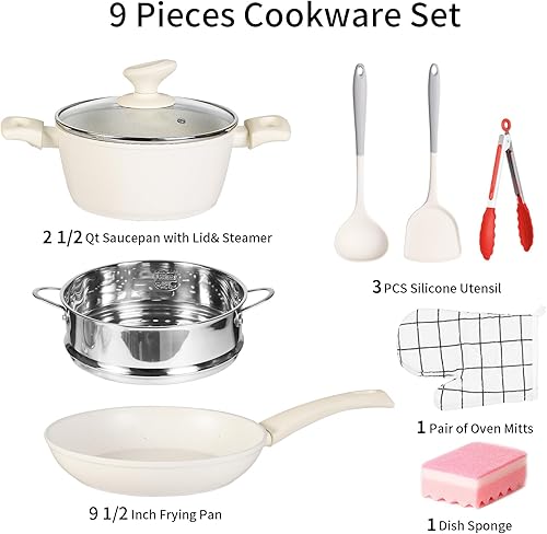 Miniatura 6 de Juego de ollas y sartenes antiadherentes de 9 piezas, juego de utensilios de cocina de inducción con olla de 2.5 cuartos de galón y vaporizador de