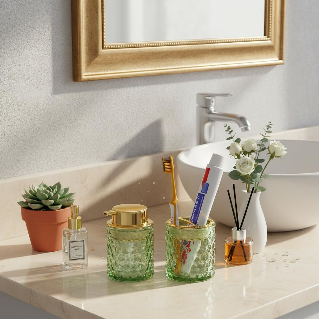 Juego de accesorios de baño de vidrio grueso, soporte dorado para cepillo de dientes y pasta de dientes, dispensador de jabón espumoso y soporte para cepillos de dientes, bonito organizador de