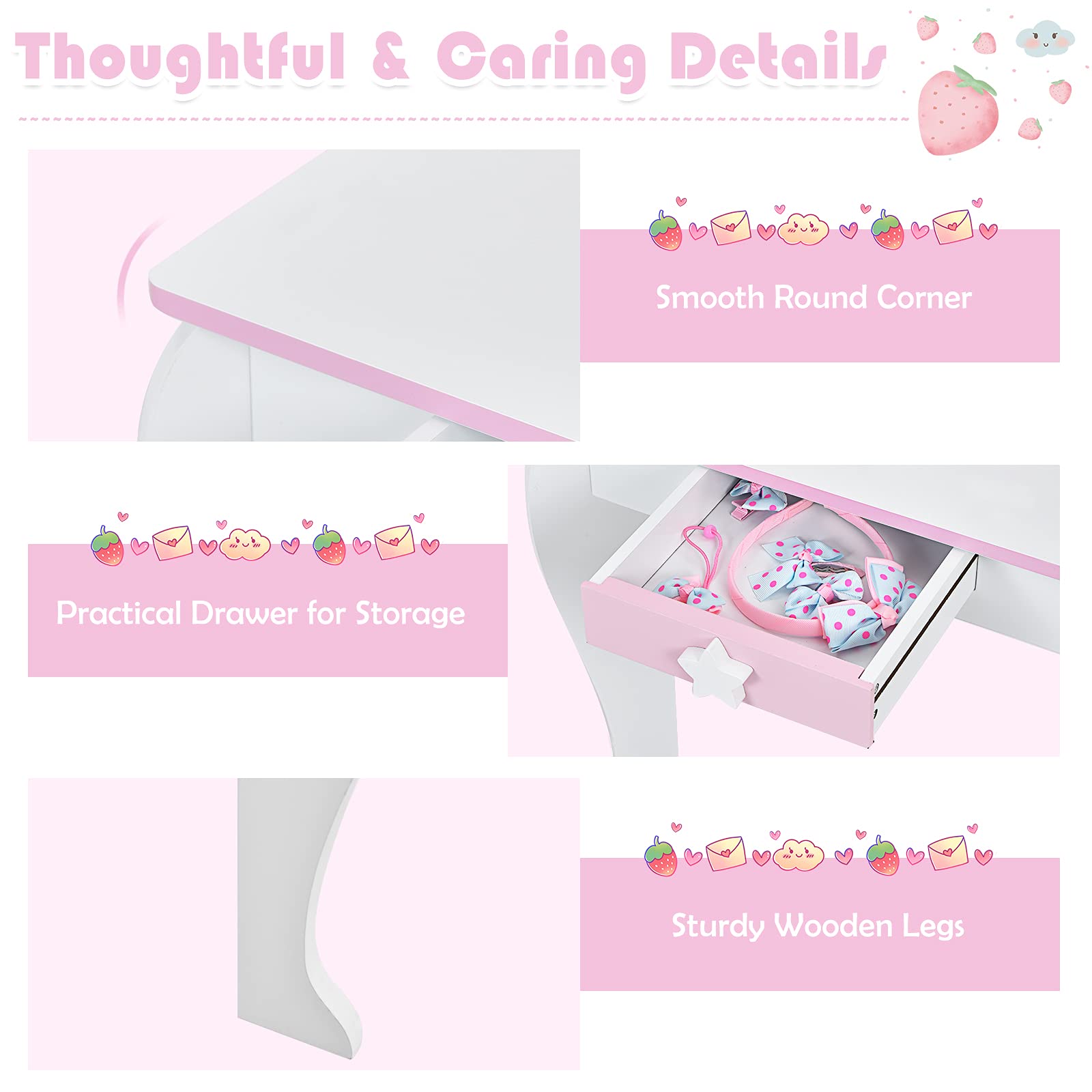 COSTWAY Kinderen kaptafel set, houten prinses kaptafel met krukje, afneembare spiegel en opberglade, spelen make-uptafel kaptafel set voor meisjes (Roze
