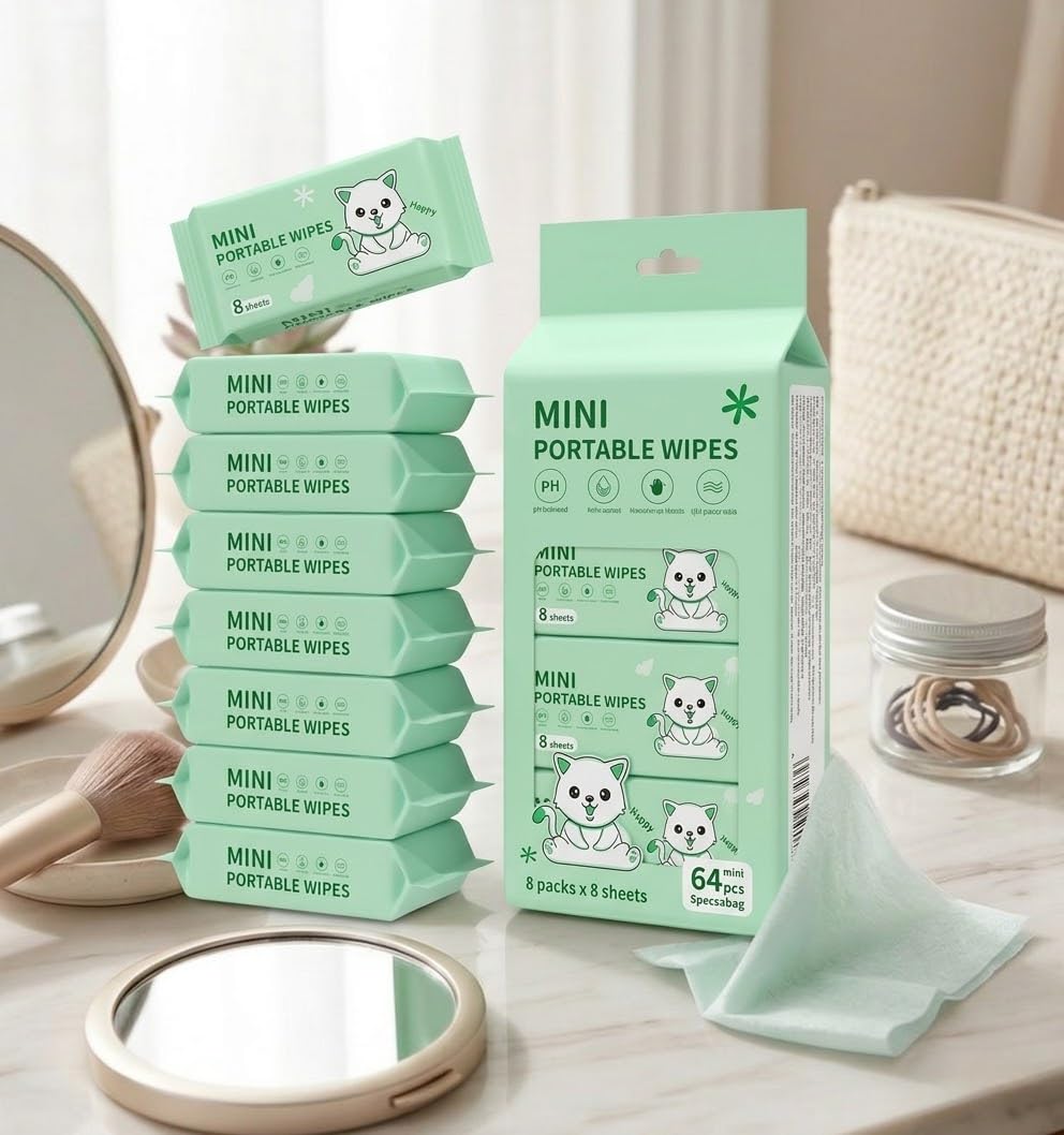 Mini Wet Wipes – 64 Count Pocket Wipes (8 Packs × 8 Wipes) | Alcohol & Fragrance Free | 99% Pure Water Baby & Adult Wet Tissues for Hand, Face & Travel Use (1-pcs)-image-29