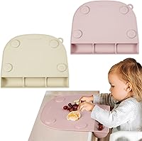 PandaEar 2-Pack Suction Silicone Placemats for Toddlers - Food Grade Sticky Mats with Spill Pockets, Pink + Linen for Mess-Free Meals