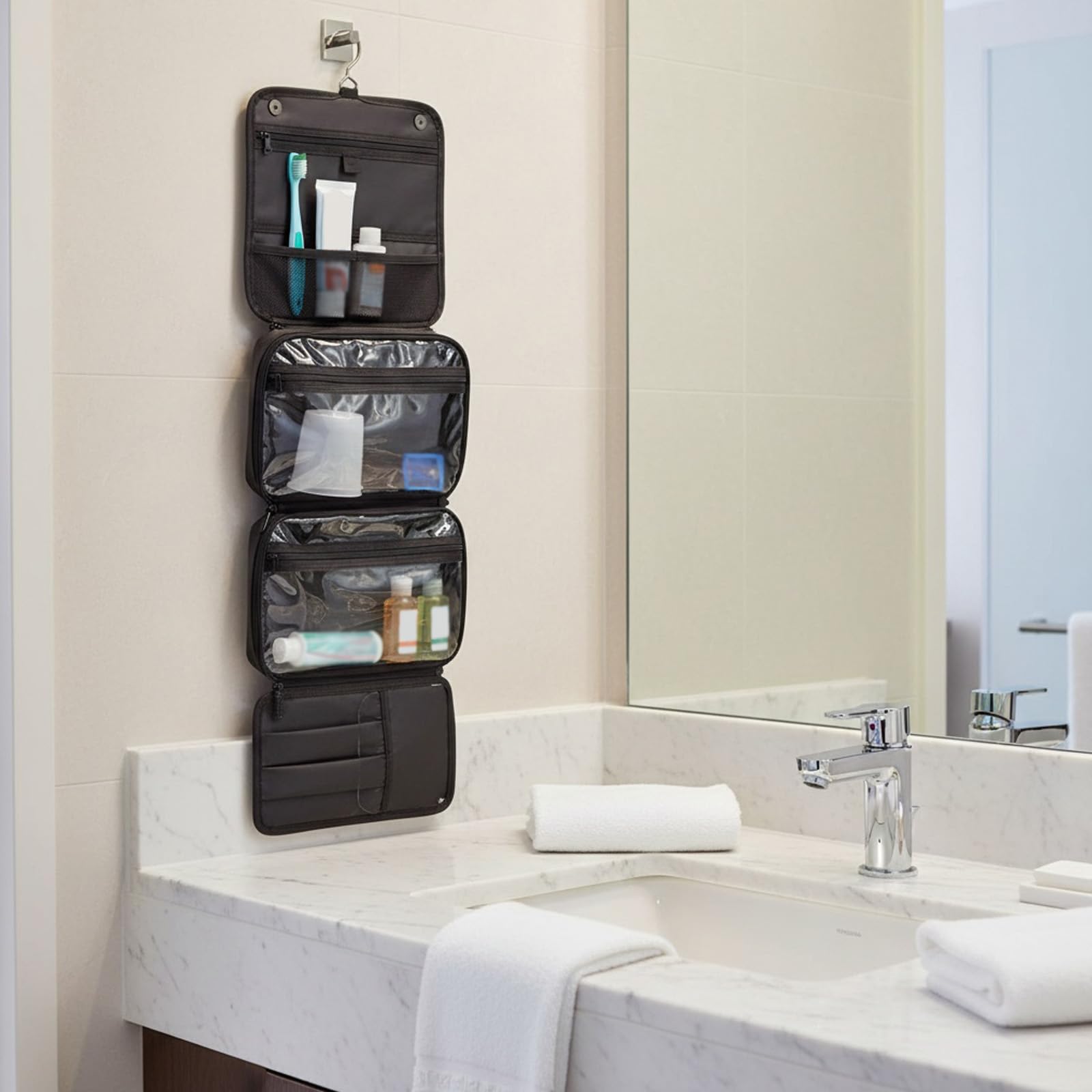 Organizer per articoli da toeletta sospeso in pelle PU, grandi borse per cosmetici per la cura e gli articoli da toeletta, regalo per uomini, Nero , 10.63x8.27x6.69Zoll, Stile retr