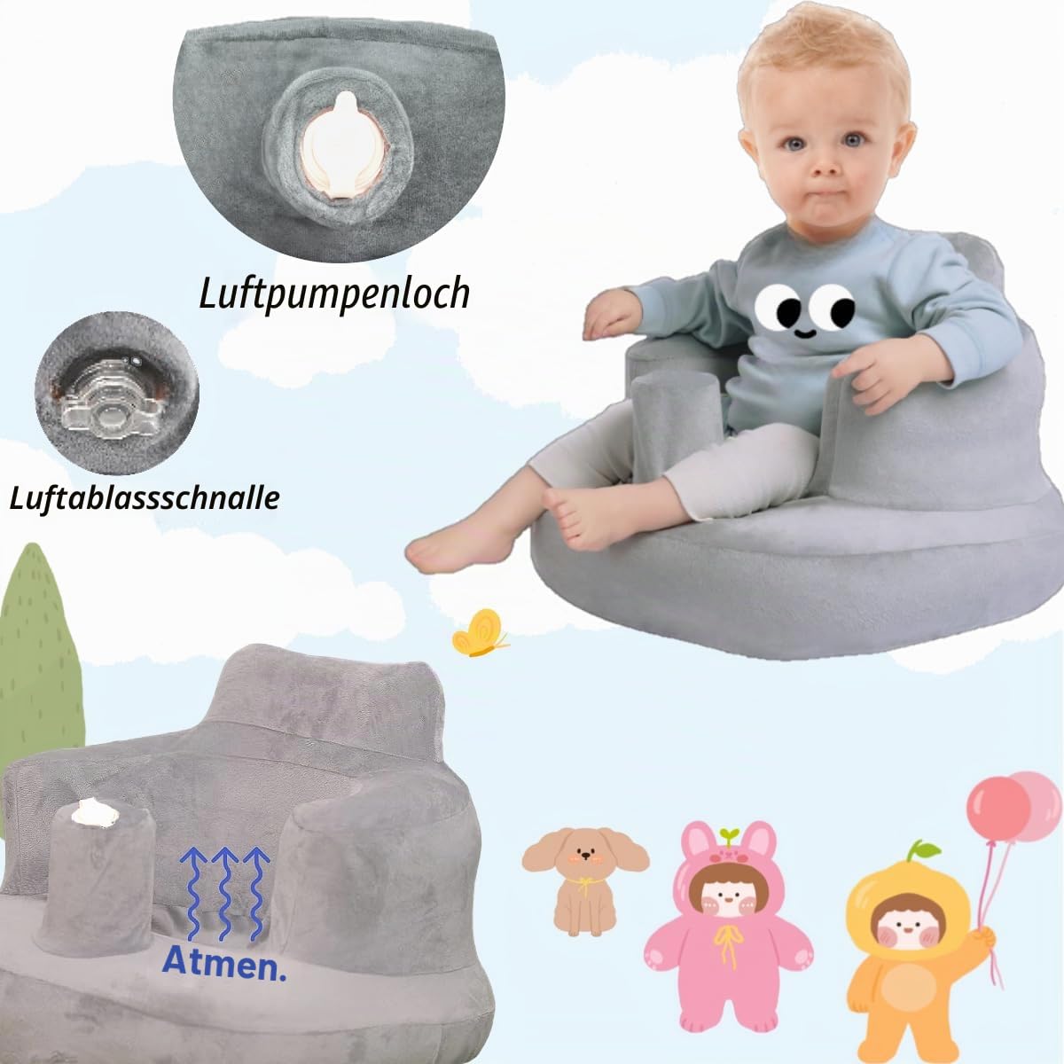 Aufblasbarer Baby-Sitz für Babys ab 4-24 Monaten,Baby-Rückenstützsofa,Boden-Sitzunterstützung zum Sitzen lernen (Tulpe+Sofabezug)
