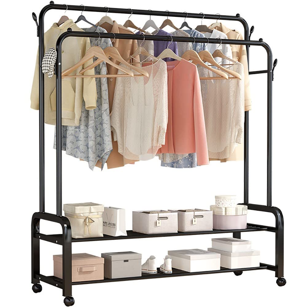 Portant à vêtements robuste 40 kg avec 2 niveaux de rangement et roulettes