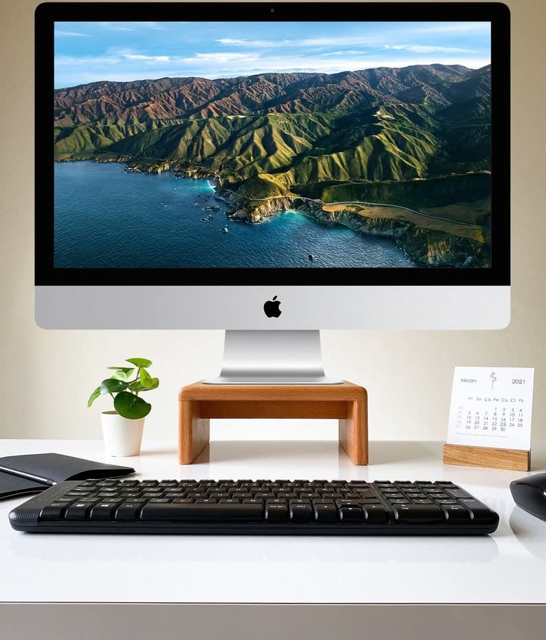 IThree Wooden Computer Monitor Stand, Monitor Riser Desk Shelf Clamp Desktop Stand TV Laptop Riser with Keyboard Storage Desk-image-6