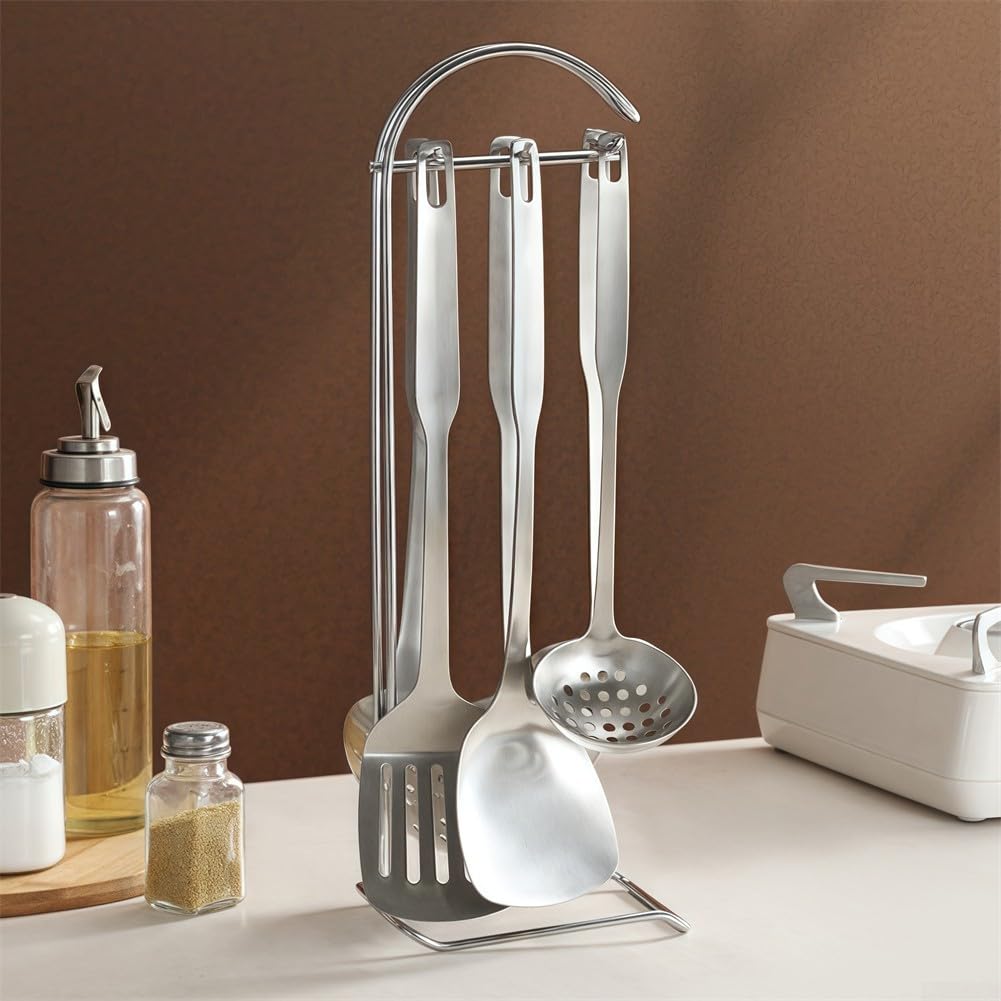 Set di utensili da cucina in acciaio inox, set di utensili da cucina in metallo da appendere, con supporto per utensili da cucina, spatola, cucchiaio, acciaio inossidabile