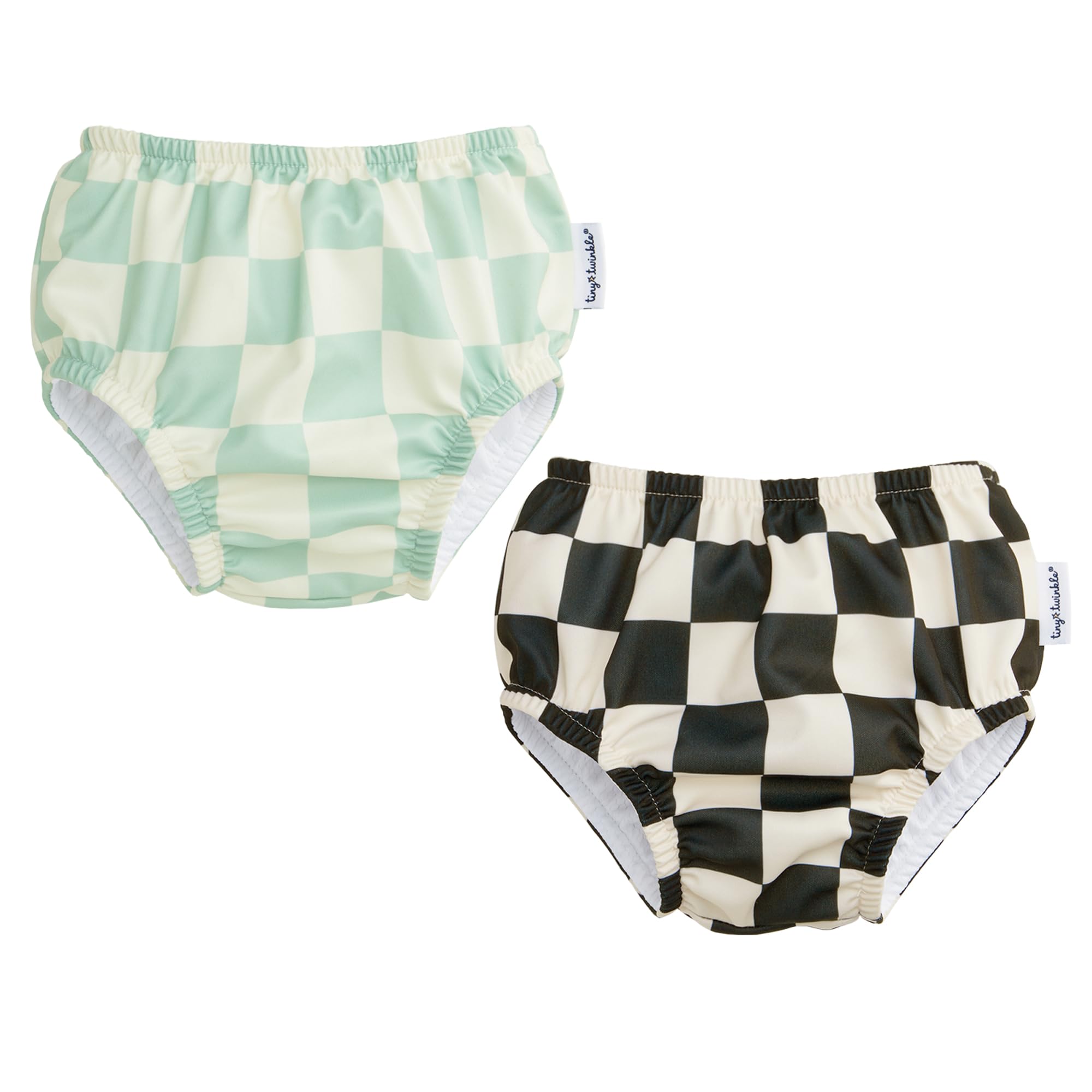 Tiny Twinkle Pull-Up Reusable Swim Diapers 2-Pack | Waterproof and UPF 50+ Sun Protection | Lightweight and Absorbent | Machine Washable(Sage,Black Checkers,12-18M)