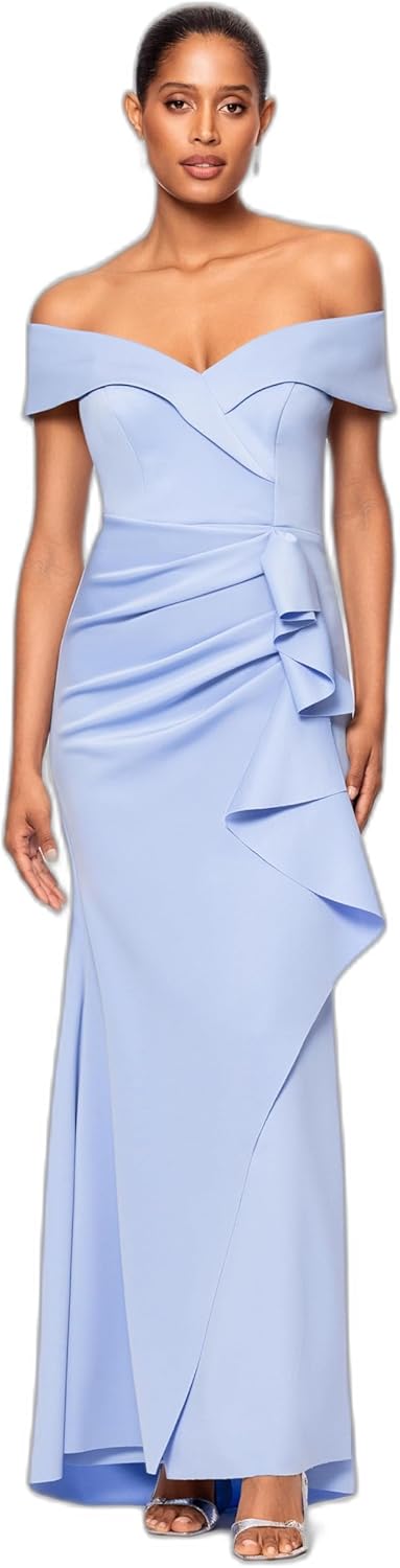 Xscape Women's Short Scuba Off-The-Shoulder Ruffle Midi Dress with Center Back Zipper