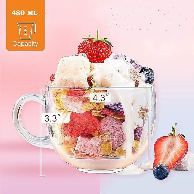 Image of PrimeWorld Large Coffee /Green Tea Mug 450ml - Set of 2 | Multipurpose Glass Cups with Handle for Coffee, Cappuccino, Espresso, Soup, Milk & Beverages | Jumbo Clear Glass Mug