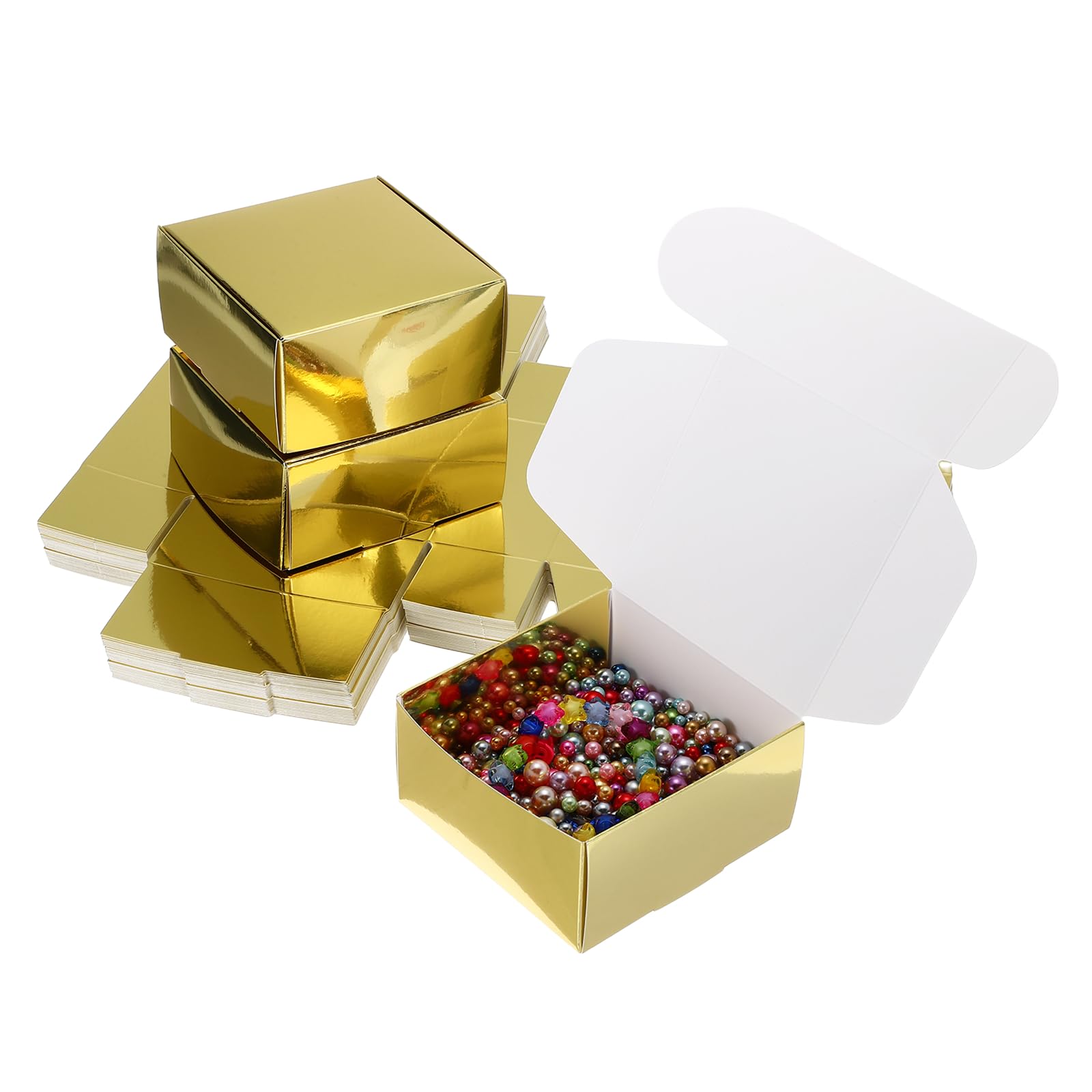 PATIKIL 3,9 x 3,9 x 2 scatole regalo piccole con coperchio, confezione da 40 mini scatole regalo quadrate pieghevoli in cartone per orecchini, anelli, gioielli, bomboniere, compleanni, oro