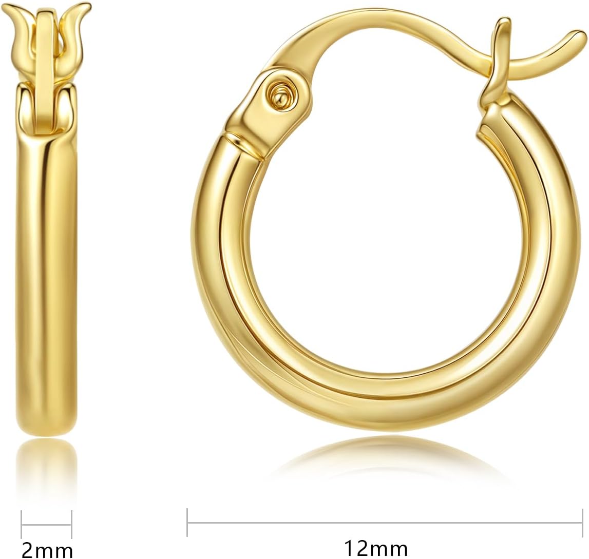 14k Yellow Gold Hoop Earrings for Women Real Gold Classic Polished Round Hoops 2mm Thick 12/16/25/30/35mm Everyday Jewelry