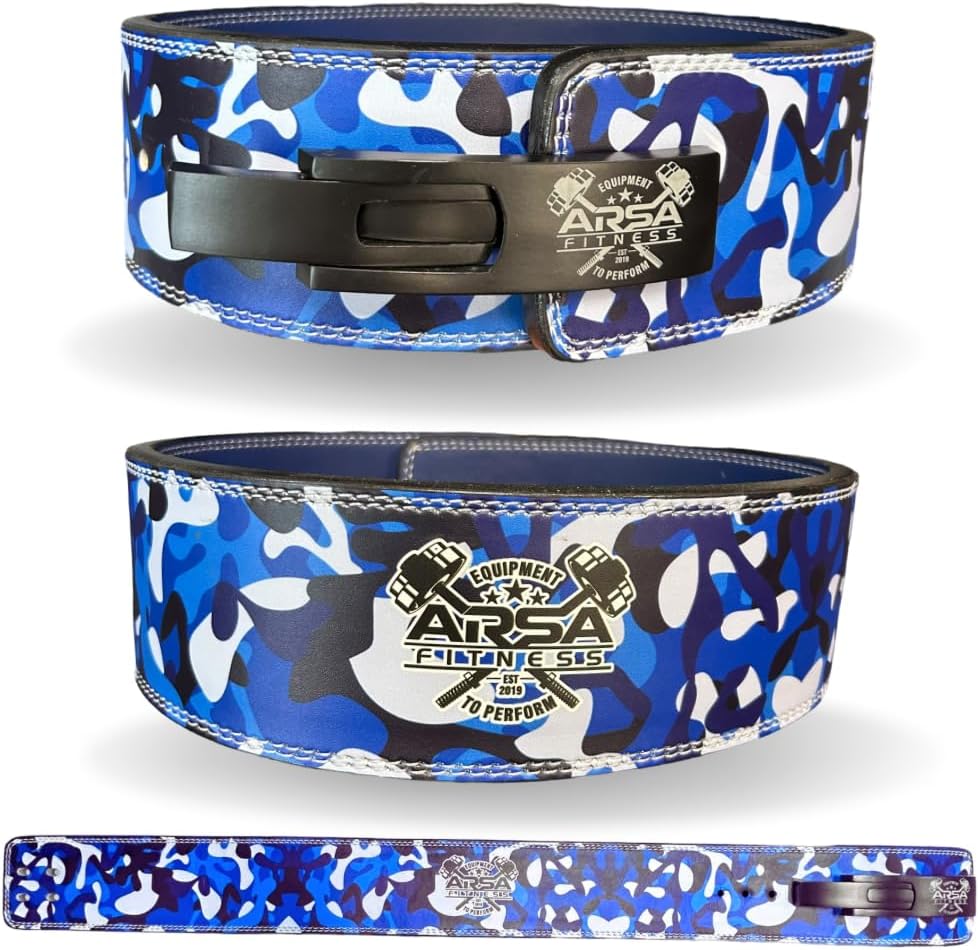 Arsa Fitness 10MM Competition Weightlifting Lever Belt for Men & Women, Powerlifting, Bodybuilding, & Strength Training - Camoflage Series (Blue Camo, Large)