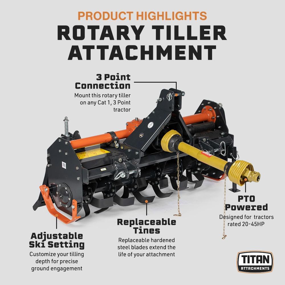 Titan Attachments 3 Point 48" Rotary Tiller Attachment Fits Cat 1 Tractors, Charcoal Finish, Single Speed PTO Driven Cultivator with a 540 RPM Gearbox, Replaceable L-Shaped Tines Work 5" Deep