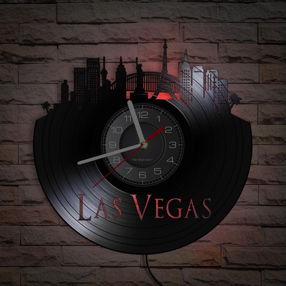 Smotly Seven Colors Vinyl Wall Clock, Led Night Light Function, Las Vegas City View Wall Clock, Is A Wall Clock Gift For Home Decor. (Seven Colors)