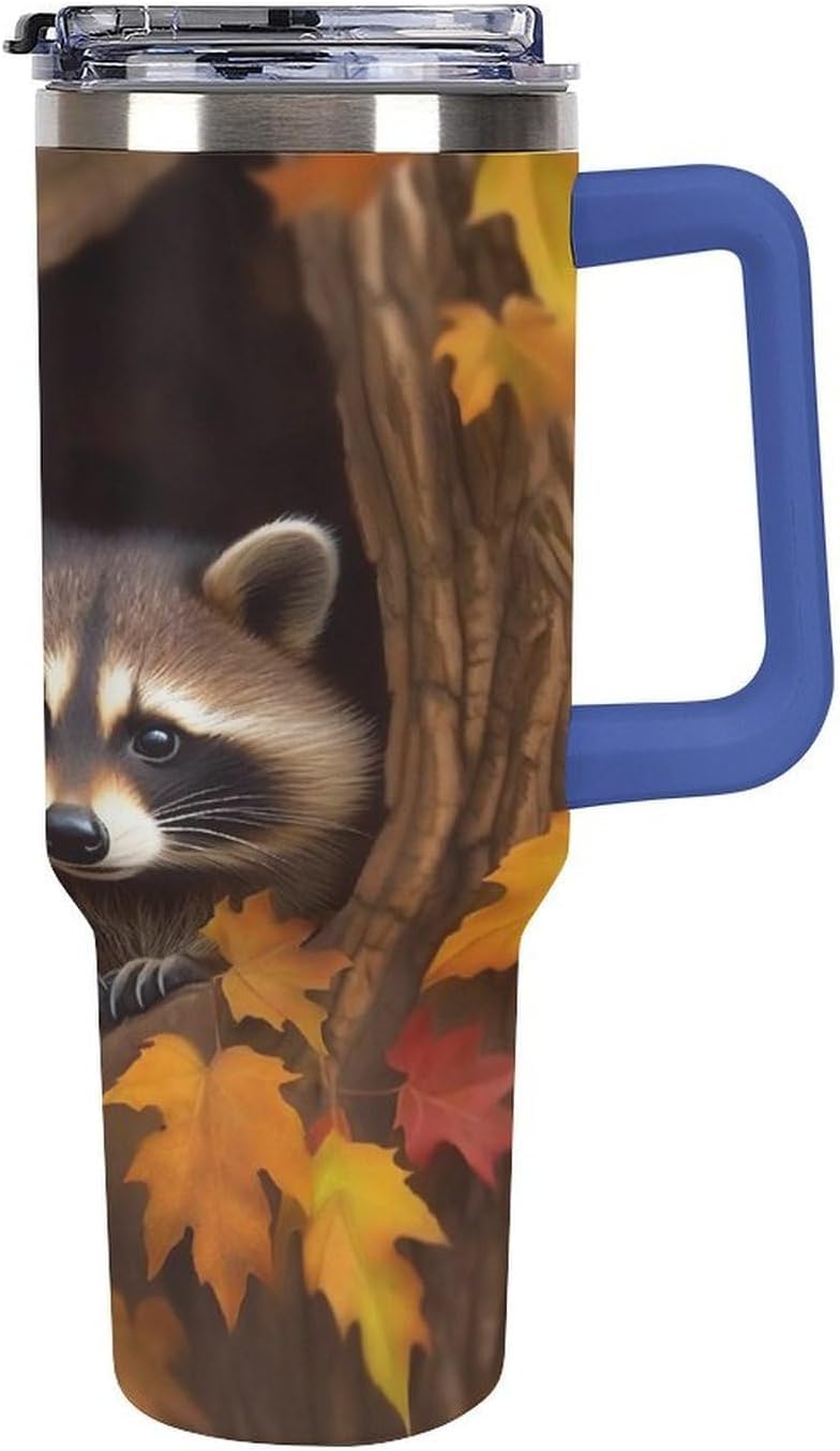 Raccoon in The Fall Tree Hole Travel Coffee Mug Reusable Durable Stainless Steel Insulated Tumbler with Handle And Straw Leak Resistant Portable Thermal Cup Gifts for Men Women 40 Oz