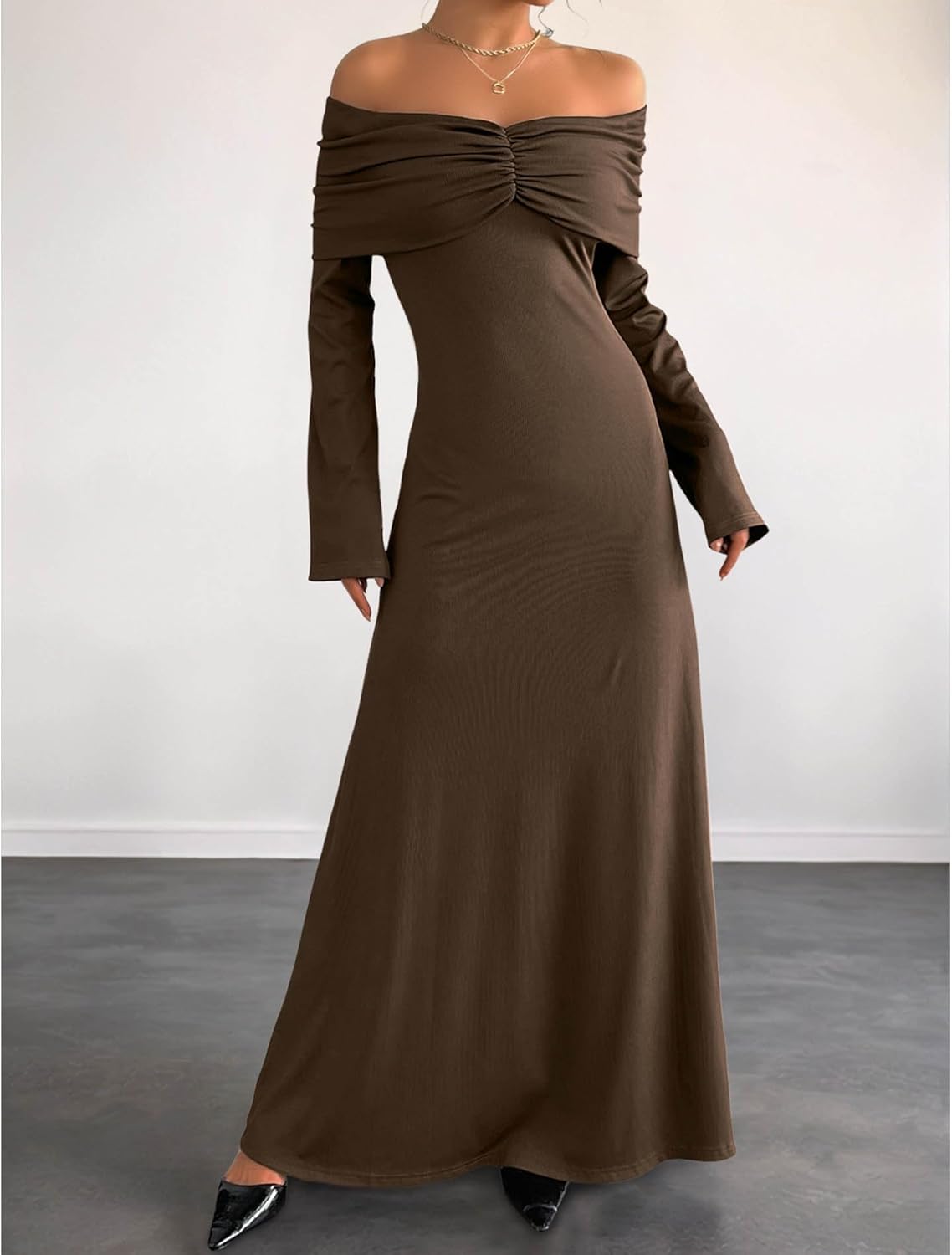 Sexyshine Women's Sexy Off Shoulder Ruched Bodycon Maxi Dress Long Sleeve Elegant Flared Evening Cocktail Party Dresses - Image 4